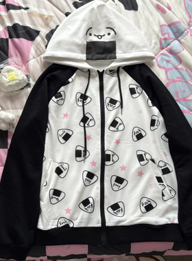 Ruibbit原创饭团印花连帽卫衣外套亚文化女休闲美式秋冬宅萌黑白