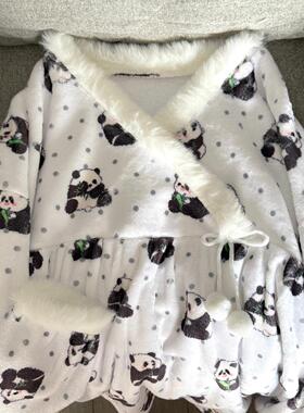 Ruibbit原创中华风熊猫印花睡衣法兰绒秋冬长袖v领加厚家居服女
