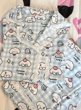 Ruibbit原创格子小狗印花睡衣春秋长袖套装家居服女白色蕾丝花边