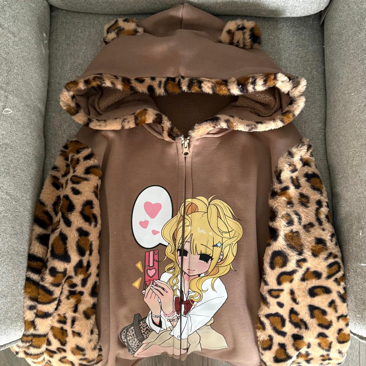 Ruibbit原创豹纹棕色辣妹印花连帽卫衣外套亚文化女休闲美式秋冬