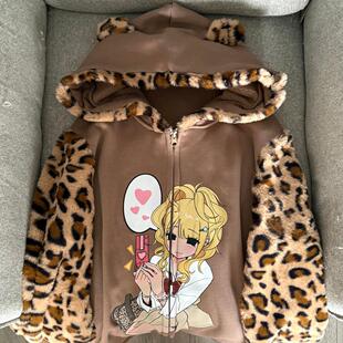 Ruibbit原创豹纹棕色辣妹印花连帽卫衣外套亚文化女休闲美式秋冬