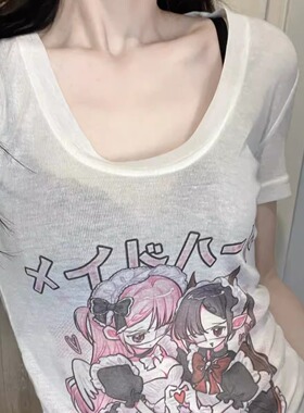 Ruibbit原创女仆印花微透t恤罩衫夏女纯欲二次元透视辣妹收腰上衣