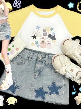 Ruibbit原创星星小狗黄色印花拼接t恤短袖女多巴胺插肩袖亚文化