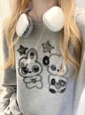 Ruibbit原创水墨小熊卫衣灰色印花复古亚文化圆领y2k女长袖