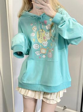 Ruibbit原创设计薄荷绿色印花卫衣亚文化休闲宽松女连帽小众上衣