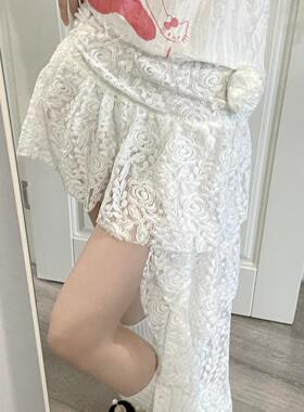 Ruibbit蕾丝白色不规则短裙女半身裙日系甜美小众纯欲亚文化玫瑰