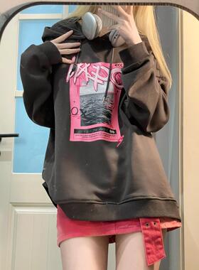 Ruibbit原创设计灰粉色海报印花卫衣潮酷复古宽松连帽女休闲辣妹