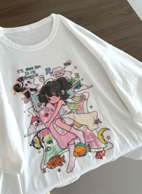 Ruibbit原创动漫二次元印花短袖宽松t恤夏少女纯棉女亚文化彩色