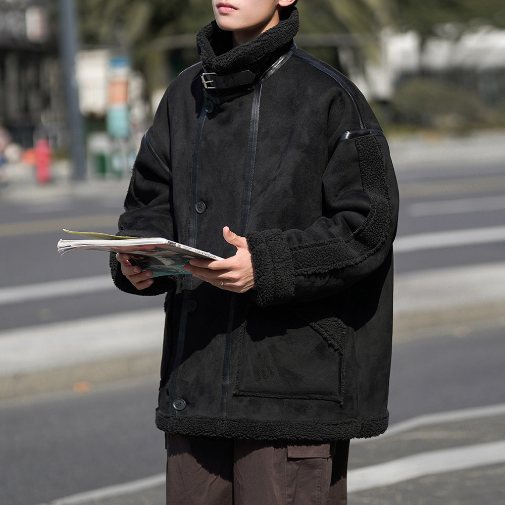 相机片皮毛一体外套羊羔毛棉服潮男翻领加厚棉衣 2701  P115控158图片