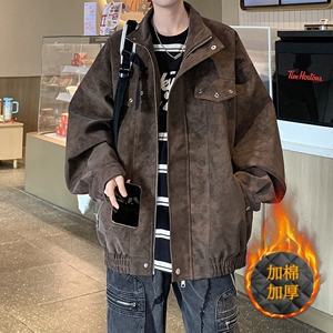 港风大码加棉加厚皮衣外套男纯色休闲立领夹克JM6651P100控158,长款衣服搭配高帮鞋图片