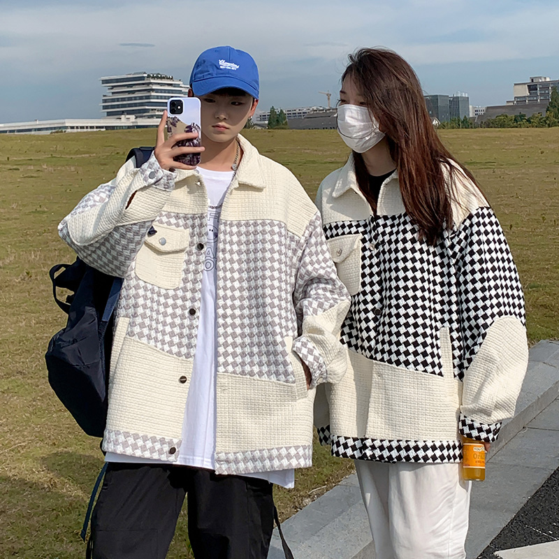 情侣新款小香风格子夹克宽松港风茄克男翻领外套2357P80控118，男装夹克，电商A029A