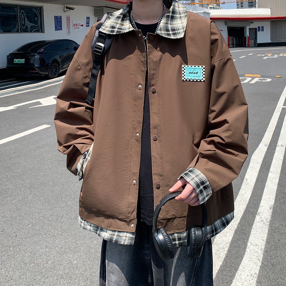 外景秋款格子拼接假两件外套潮男宽松休闲夹克6652P85控128,男装夹克,电商A029A