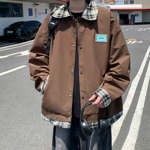 外景秋款格子拼接假两件外套 潮男宽松休闲夹克6652 P85控128图片