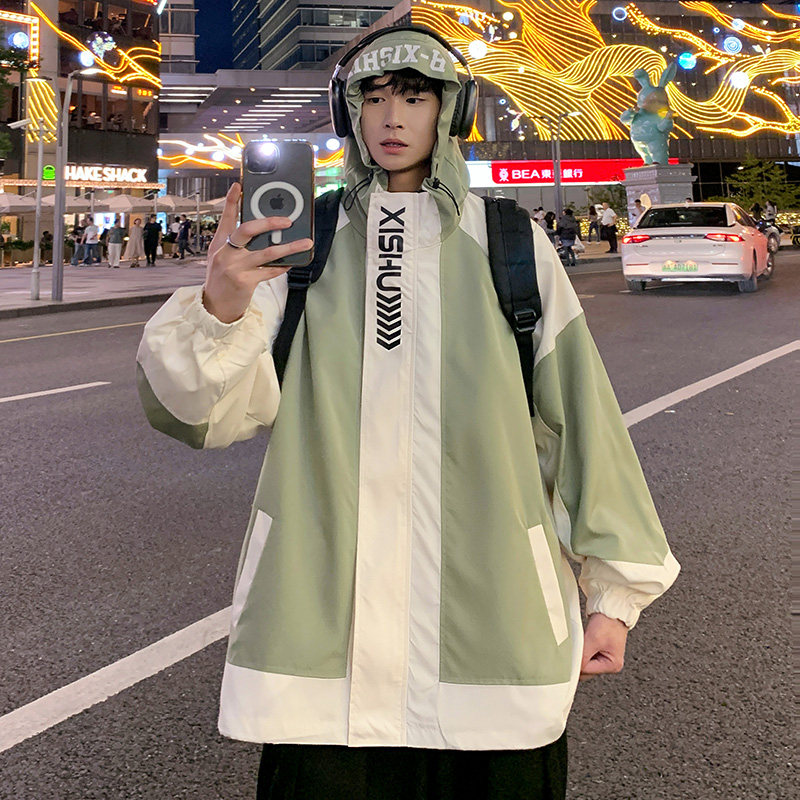 春装港风连帽外套拼接时尚冲锋衣痞帅潮男休闲夹克2662P65控88,男装夹克,电商A029A