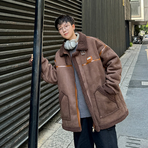 港风外套冬装宽松羊羔毛棉服男加厚皮毛一体棉衣 2905 P118控168，男装棉衣，电商A029A