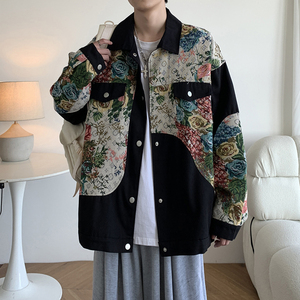 潮港风个性日系文艺男夹克宽松休闲刺绣碎花外套2881P75控108