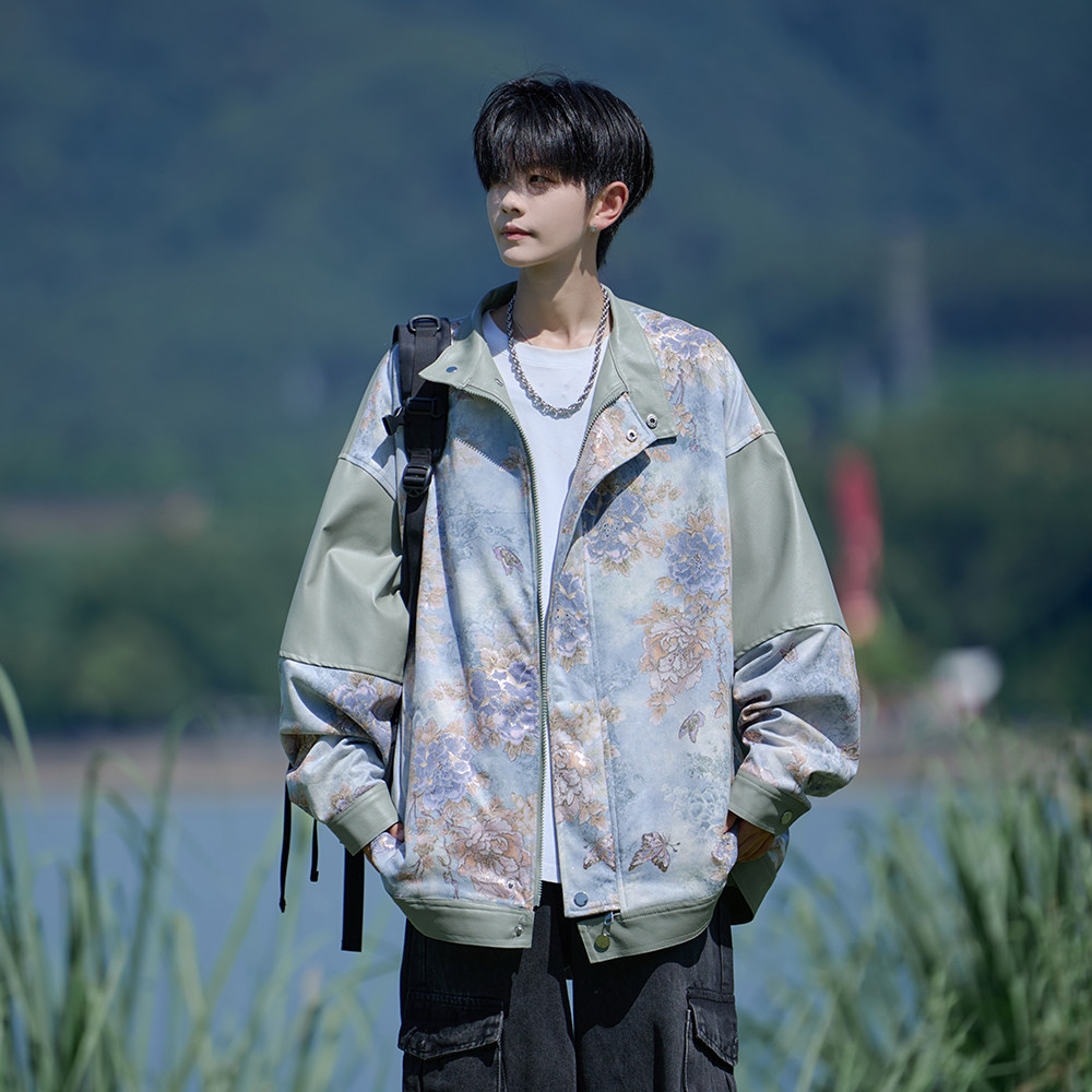 相机片秋新款皮衣外套潮男休闲立领宽松机车花夹克6656P88控128,男装夹克,电商A029A