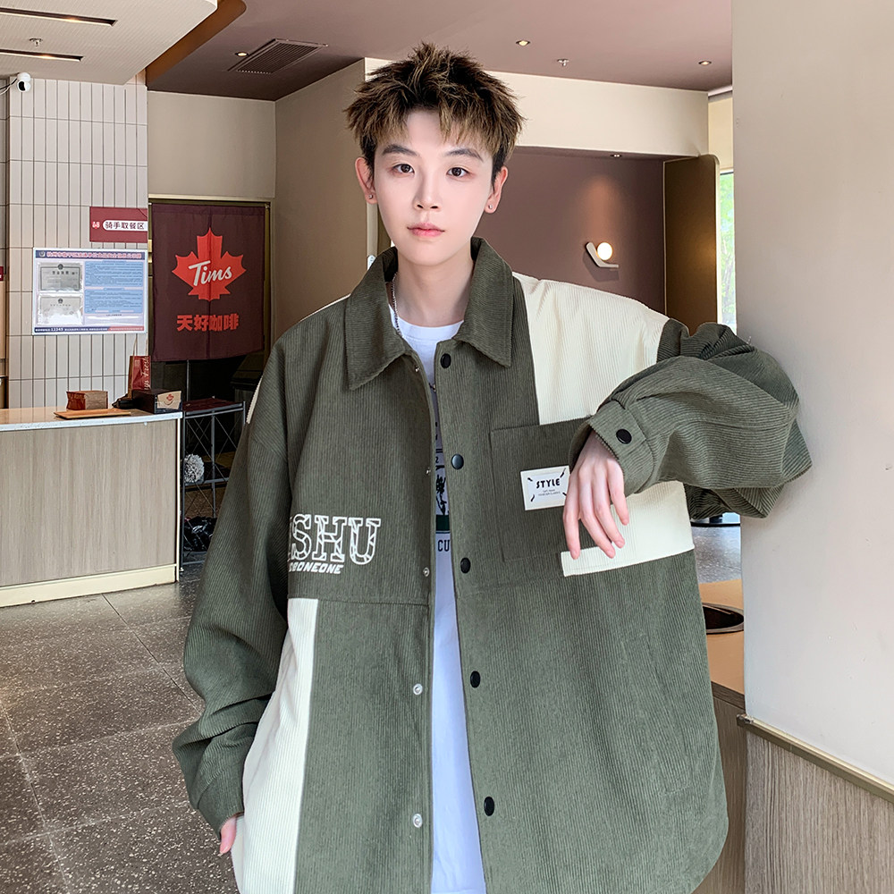新款撞色拼接灯芯绒休闲夹克潮男休闲外套港风外景6629P68控98,男装夹克,电商A029A