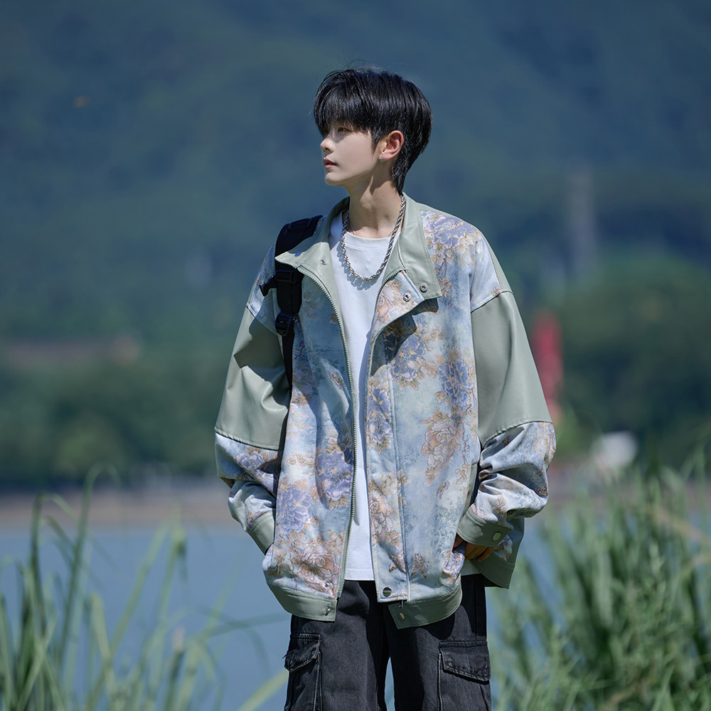 相机片秋新款皮衣外套潮男休闲立领宽松机车花夹克6656P88控128，男装夹克，电商A029A