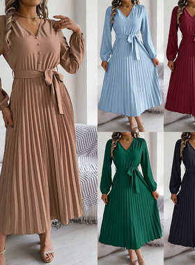 2026春夏气质优雅V领纽扣系带大摆百褶长裙连衣裙women dress
