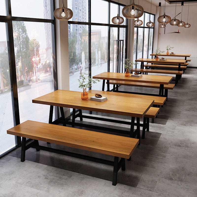简约实木酒吧烧烤店音乐餐厅工业风餐桌长方形铁艺咖啡厅桌椅组合