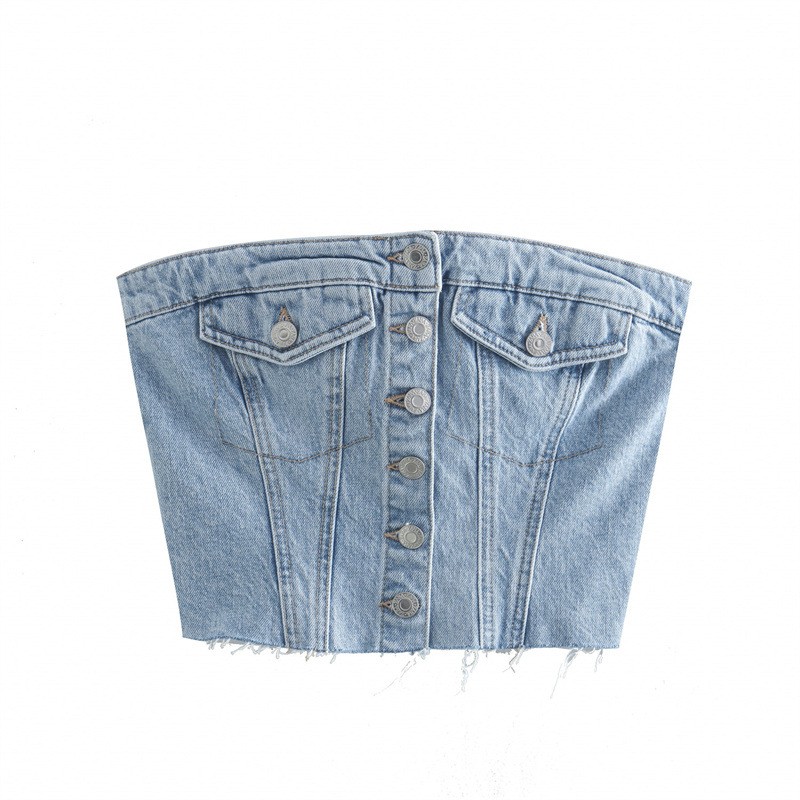 2023 summer quality light blue denim boob tube top cute vest