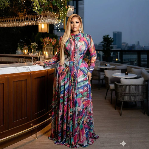 Women skirt 2026 new printed round neck long sleeved dress