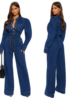 Women slim fit long sleeved denim flared jumpsuit 牛仔连体裤
