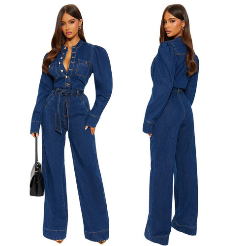 Women slim fit long sleeved denim flared jumpsuit 牛仔连体裤