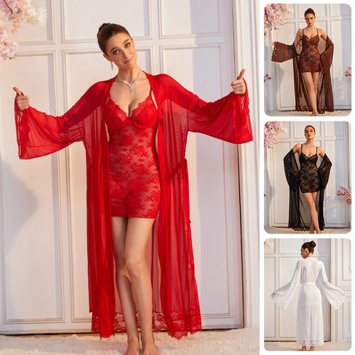 women suspender nightgown mesh outer robe sexy two-piece set