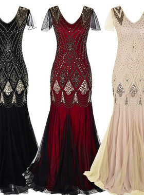 Large sequined women's evening gown with deep V-dress 晚礼服