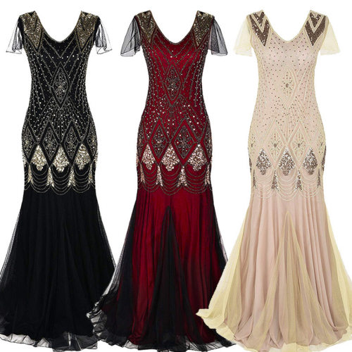 Large sequined women's evening gown with deep V-dress 晚礼服