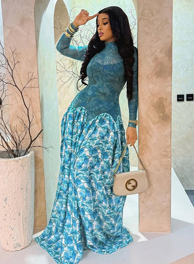 2026 Printed patchwork women high neck slim fit party dress