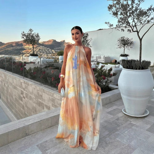 Fashion Women's printed hanging neck backless casual dress