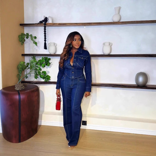 Women denim long sleeved shirt wide leg pants two-piece set