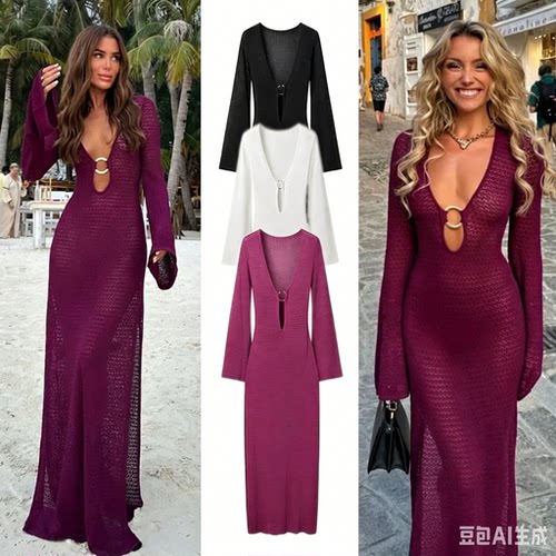 Women new V-neck flared sleeve fashion dress V领喇叭袖连衣裙