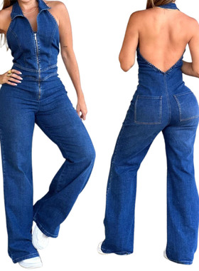 Women's slim fit sleeveless fashion backless denim jumpsuit