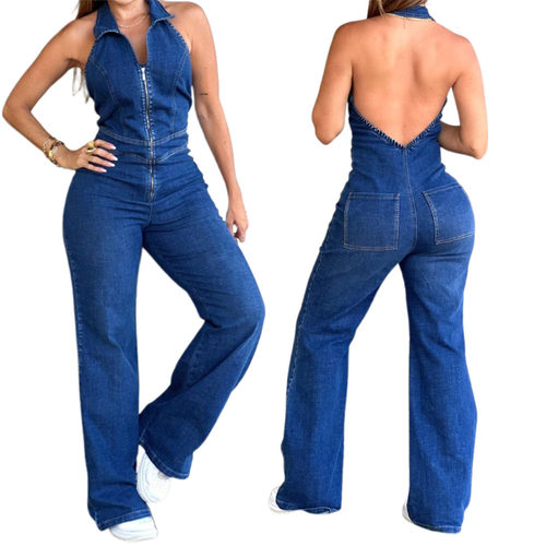 Women's slim fit sleeveless fashion backless denim jumpsuit