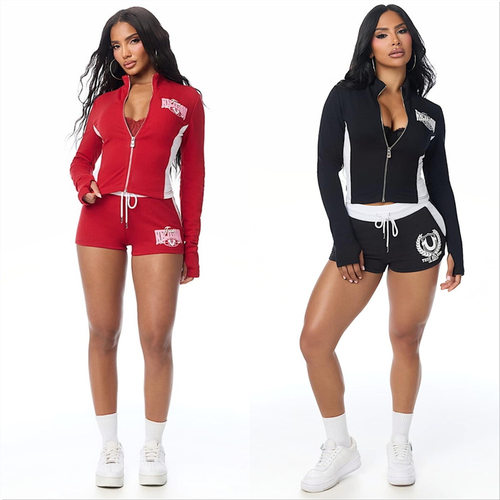 2026 slim zipper cardigan jacket shorts fashion set women's