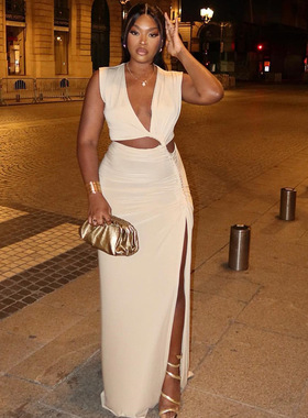 2026 new Women's diagonal V-neck sleeveless sexy slit dress