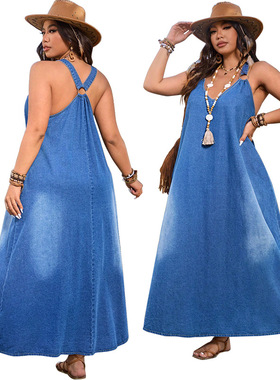 2026 Women's fashion elegant deep V-sleeveless denim dress