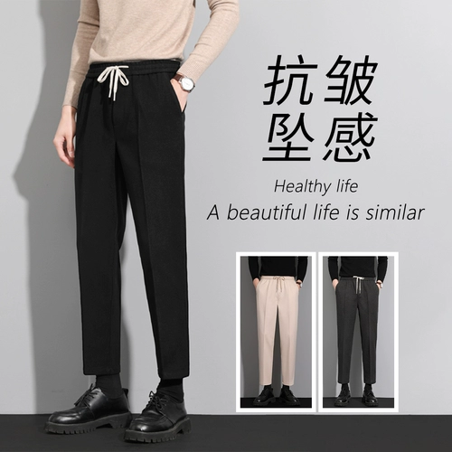 Шерстяные демисезонные штаны, костюм, свободный прямой крой, увеличенная толщина