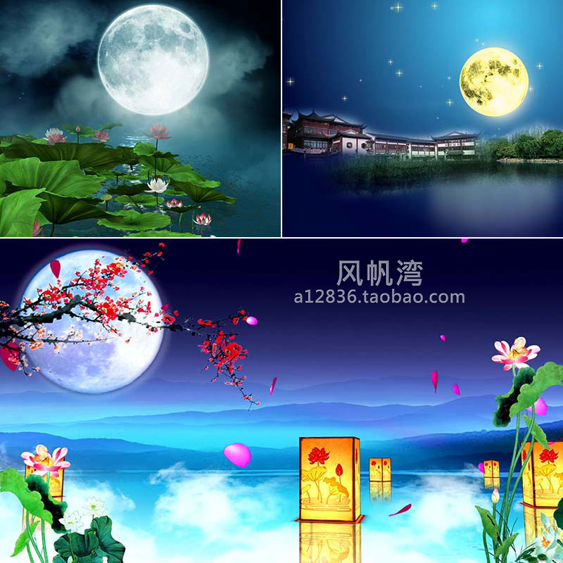 中秋圆月花好月圆荷塘月色背景素材月夜荷花明月视频月亮素材d113