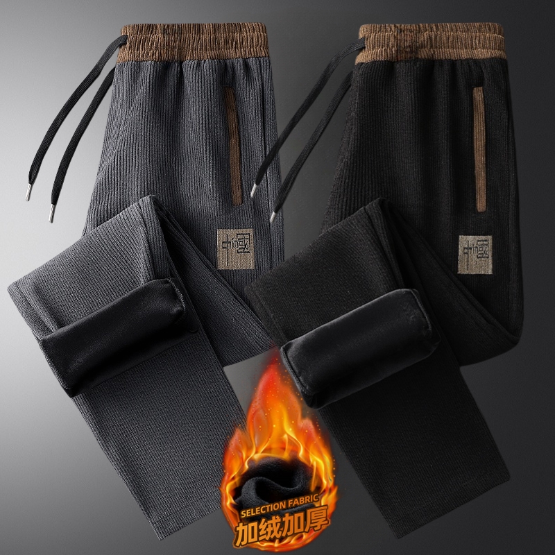 加绒加厚裤子男2025冬季新款宽松直筒口袋拉链灯芯绒休闲束脚卫裤