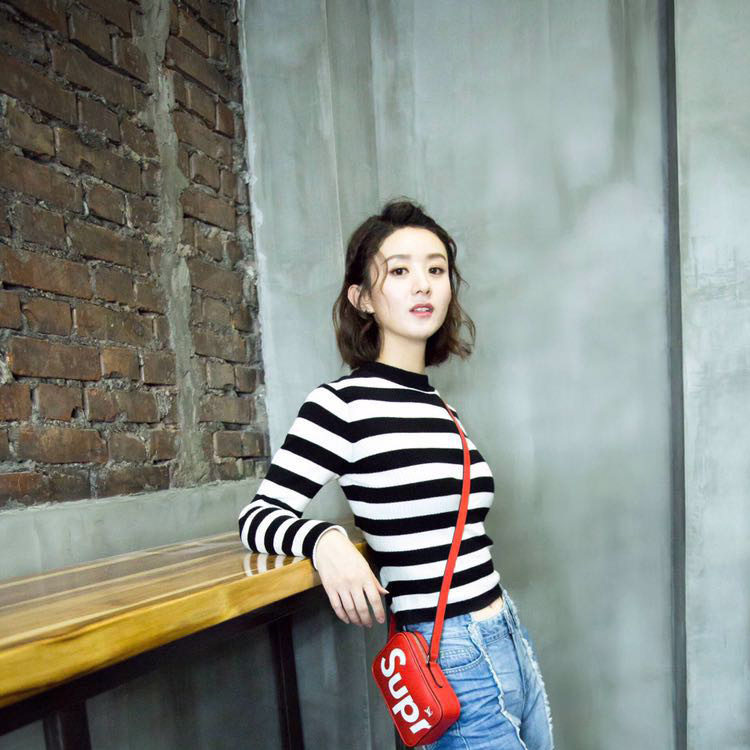 我的倾城时光赵丽颖明星林浅同款薄款条纹毛织衫女长袖修身上衣