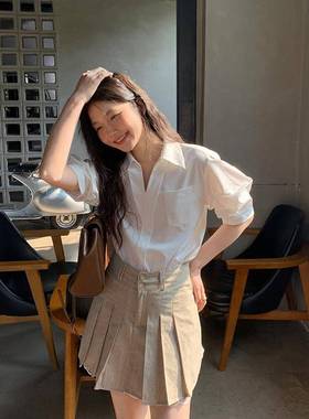 masalady studio飒纳 新品白色V领交叉衬衫女宽松慵懒休闲上衣