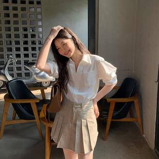 masalady studio飒纳 新品白色V领交叉衬衫女宽松慵懒休闲上衣