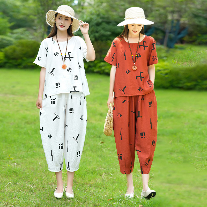 妈妈夏装新款短袖T恤冰丝棉麻套装2025夏季女士大码宽松休闲两件