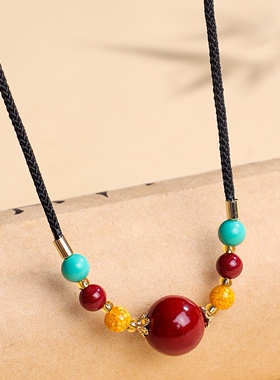 复古二代蜜蜡圆珠项链女百搭民族风平安扣锁骨链吊坠挂件毛衣挂坠