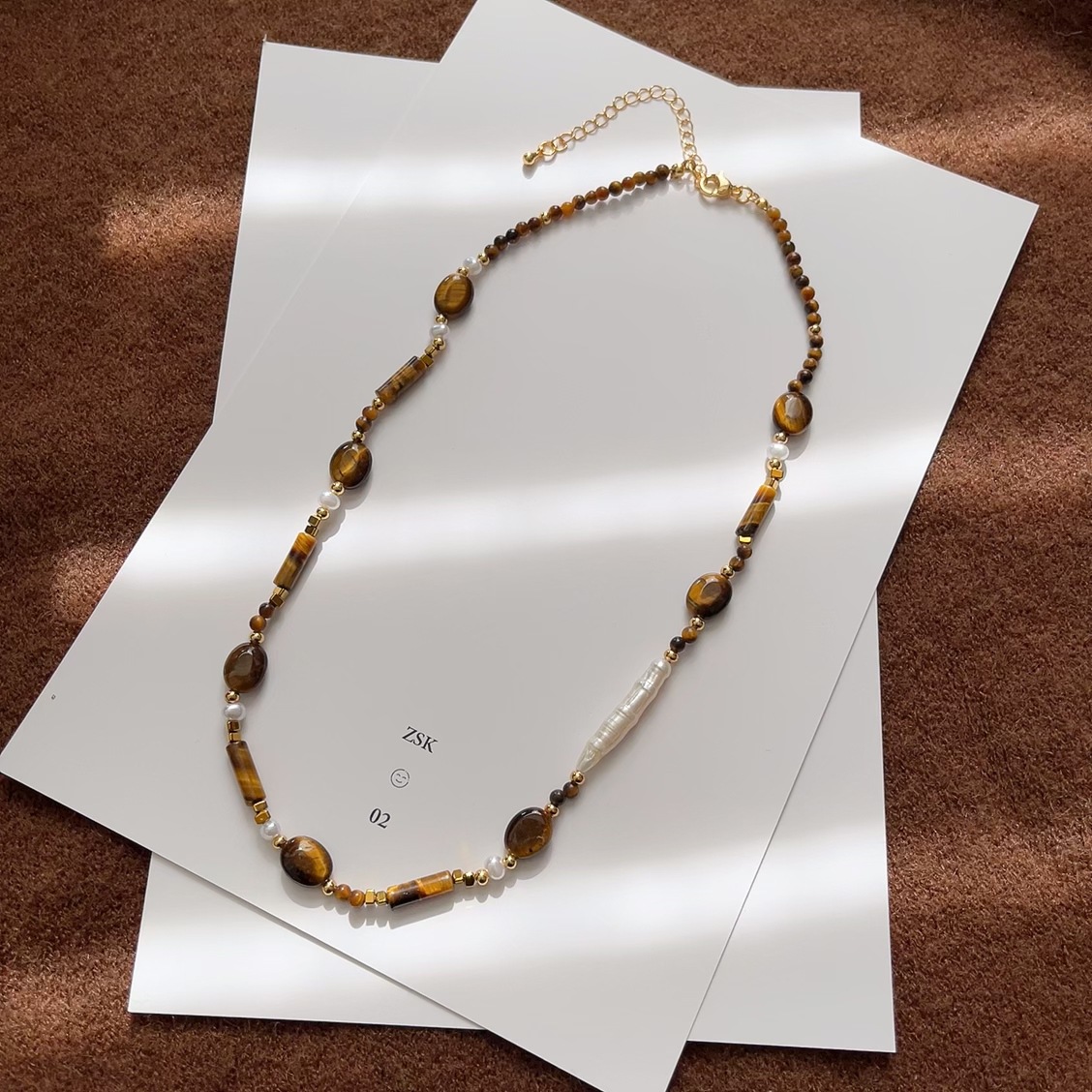 天然巴洛克牙签珍珠虎眼锁骨链串珠颈链美拉德色文艺感轻奢项链女